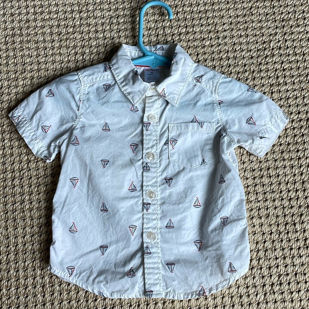 Carters Sailboat Nautical Print Shirt White Cotton Short Sleeve Button Up 9M
